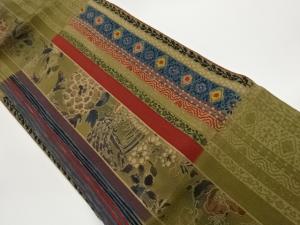 作家物　縮緬地縞に花鳥・菱・唐草模様名古屋帯